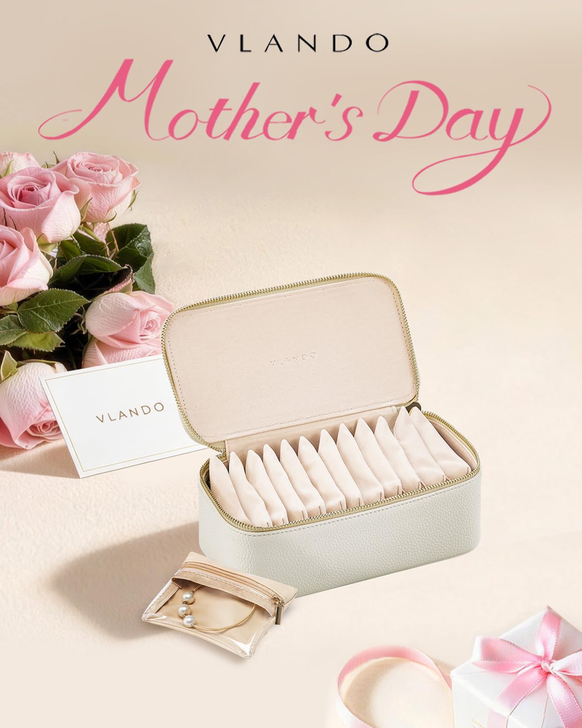 VLANDO Travel Jewelry Case,Jewelry Box with 12 Velvet Jewelry Pouch Jewelry Travel Organizer for Mothers Day Mom Gifts, Jewelry Case Necklace Rings Earrings Bags Wedding Gifts (White)