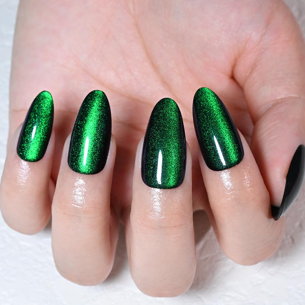 evpct Glitter Green Cat Eye Chrome Press on Nails Almond Medium No Glue, Holographic Medium Almond Stick on Fake Nails for Women Gift, Glossy Cateye Effect, Perfectly Fit Salon-quality Soft False Nail