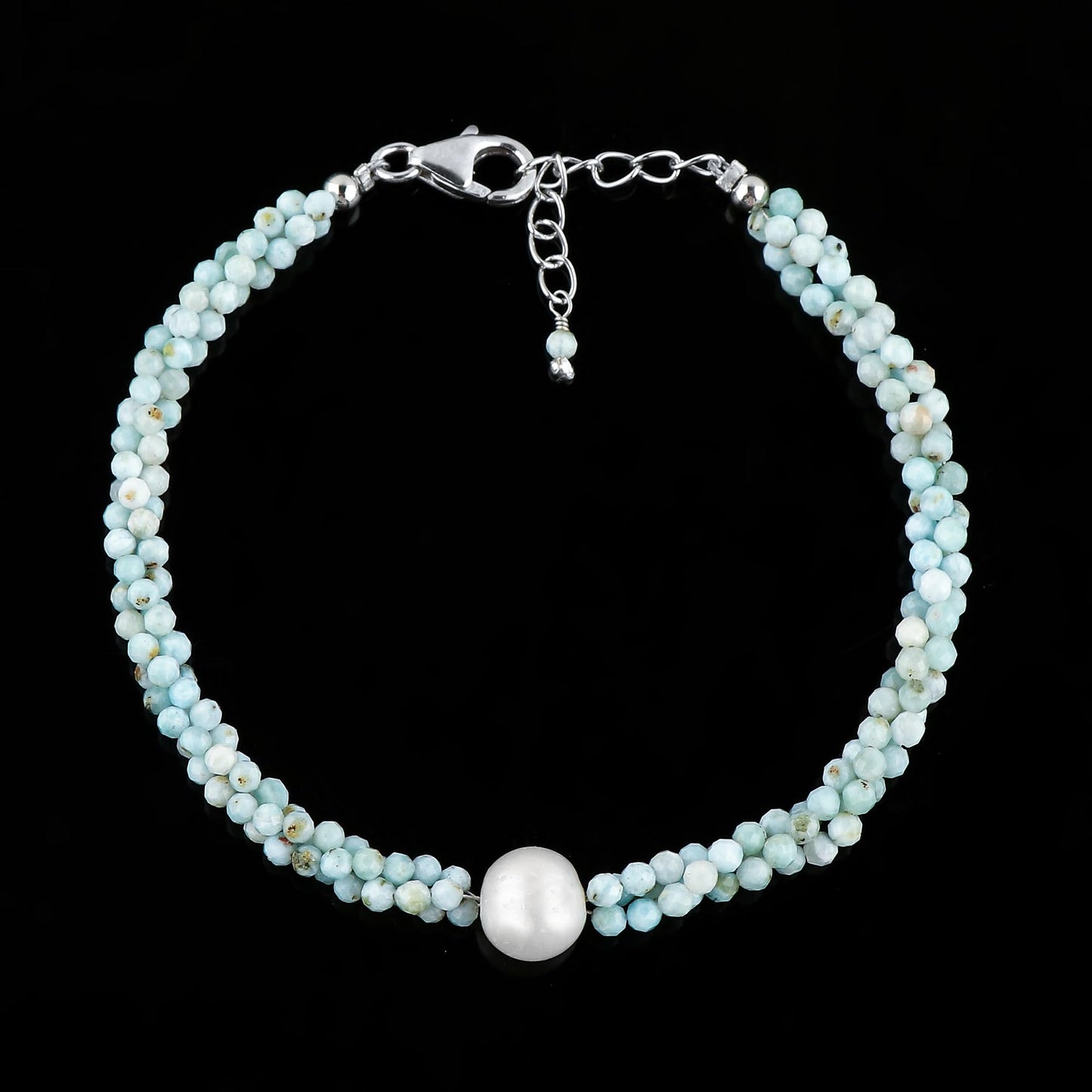 CRYSTALIS Natural Caribbean Larimar Beads Twisted Rope Bracelet with Elegant Pearl, High Grade Gemstones, Chakra Healing Stones, Womens Gift Jewelry, Silver Plated Brass Bracelet 8 inch