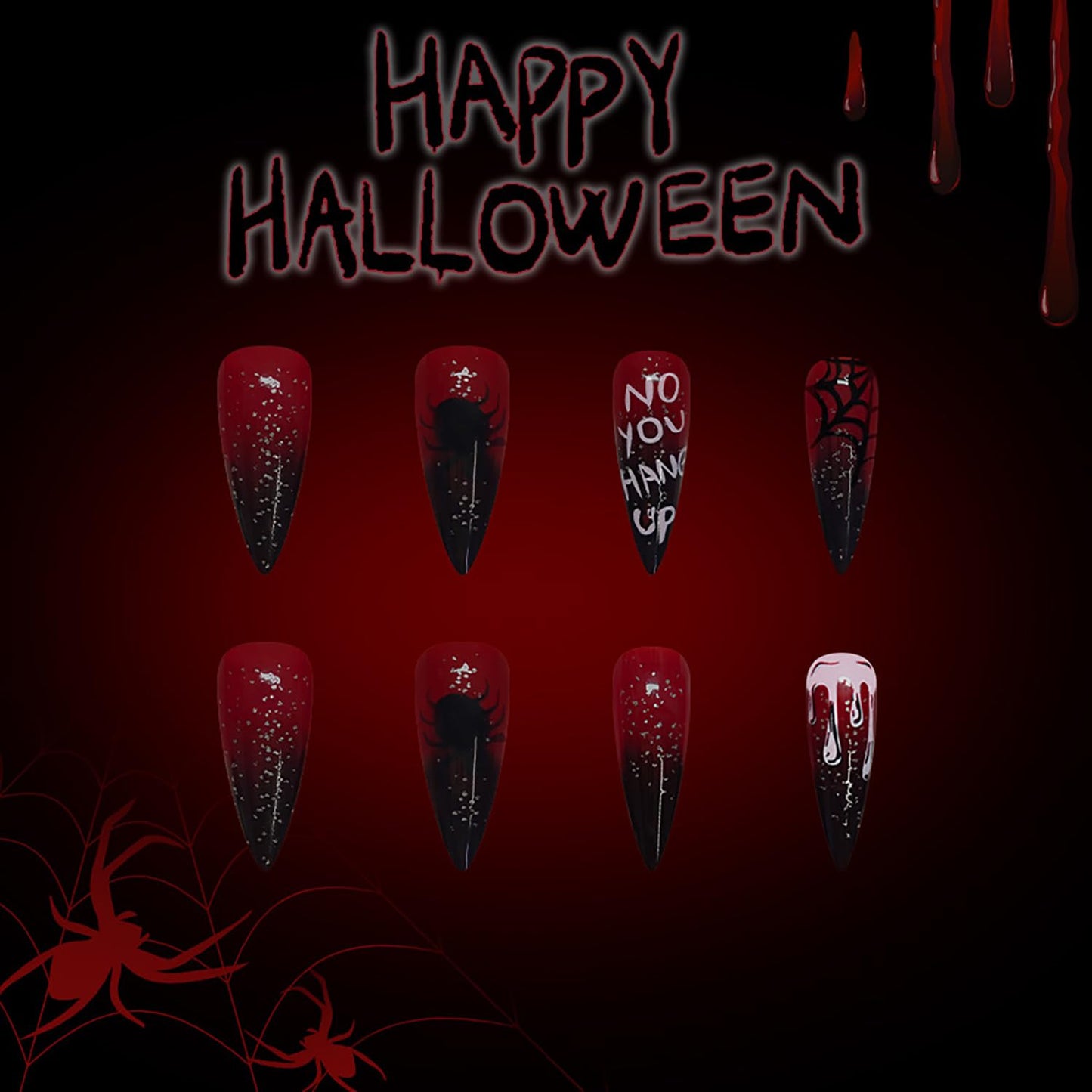 Almond Tip Halloween Press on Nails Long Spider Blood Drop Design Halloween Nail Full Cover Glossy Artificial Acrylic False Nail Wine Red French Tip Long Stick on Nails for Women Festival Decoration