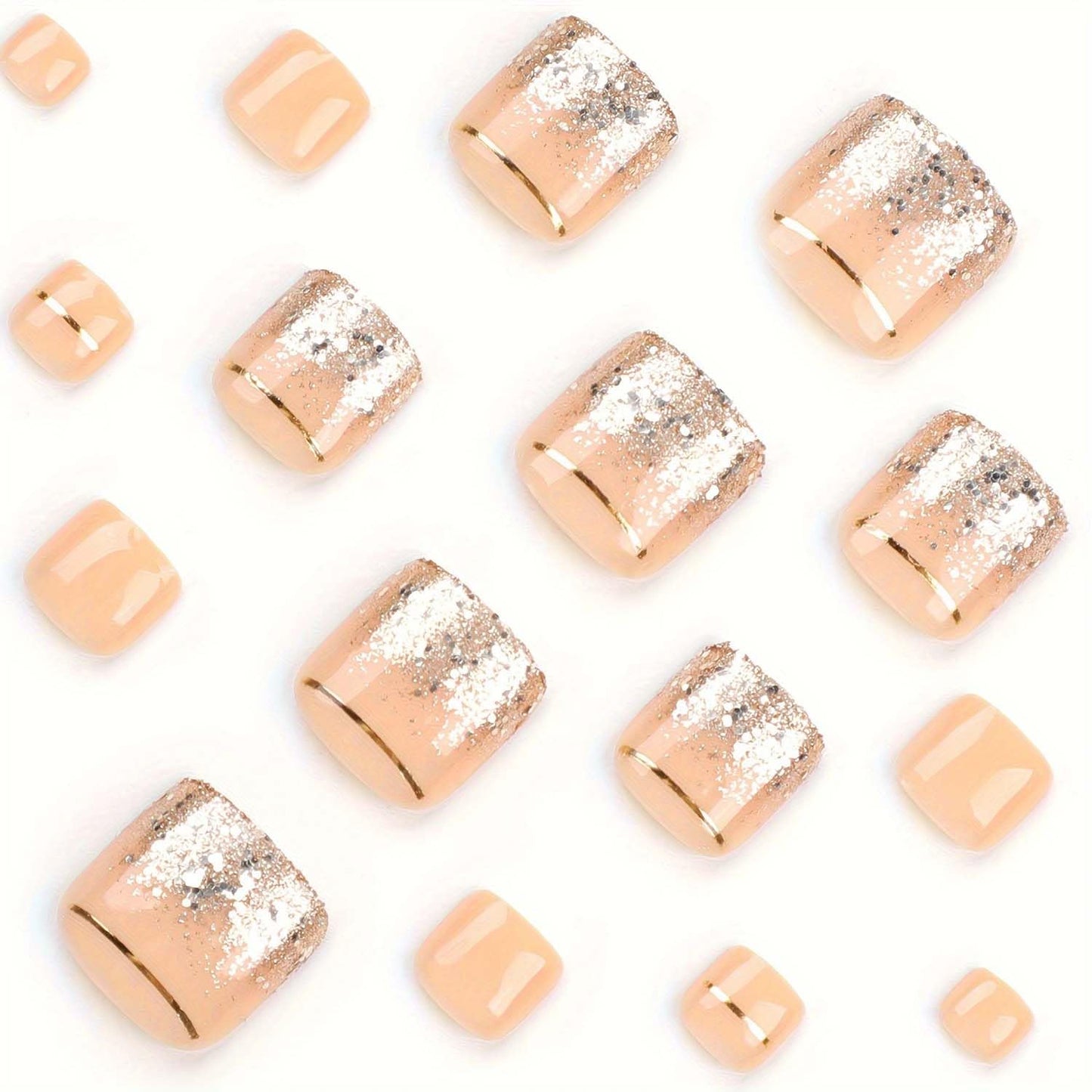 Short Press On Toenails Square Fake Toenails Gold Line With Glitter Design Full Cover Glue On Toenail Summer Acrylic False Toe Nails Artificial Stick On Toenail For Women Holiday Manicure 24pcs