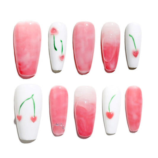 Sun&Beam Nails Handmade Press-on Medium Coffin Ballerina Pink Green White Minimalist Flower Gradation Design Fashion False Nail Tips 10 Pcs Set (#171 M)