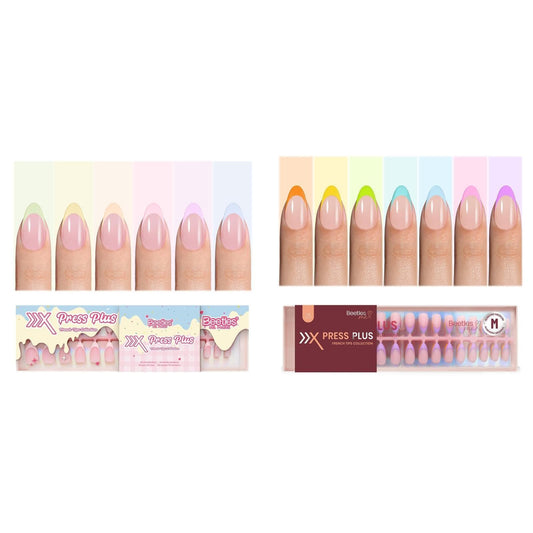 Beetles French Tips Press On Nails - Pastel Spring Medium Almond 6 Colors 192 Pcs with Summer Press On Nails 224 Pcs 7 Colors French Tip Medium Almond