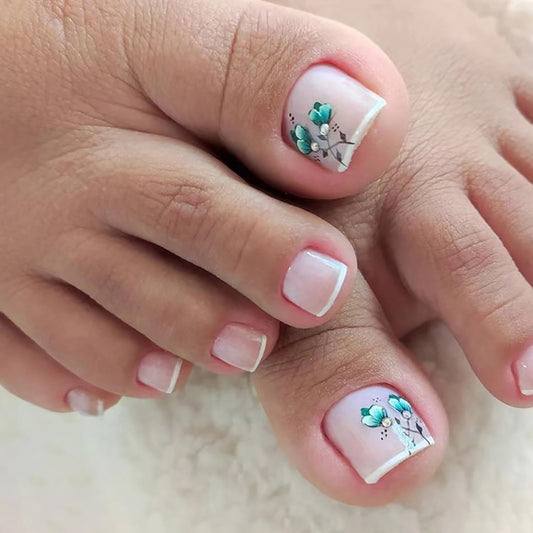 Vezocim Press-on French Toenails with Green Flower Designs, Glossy Acrylic False Nails, 24pcs