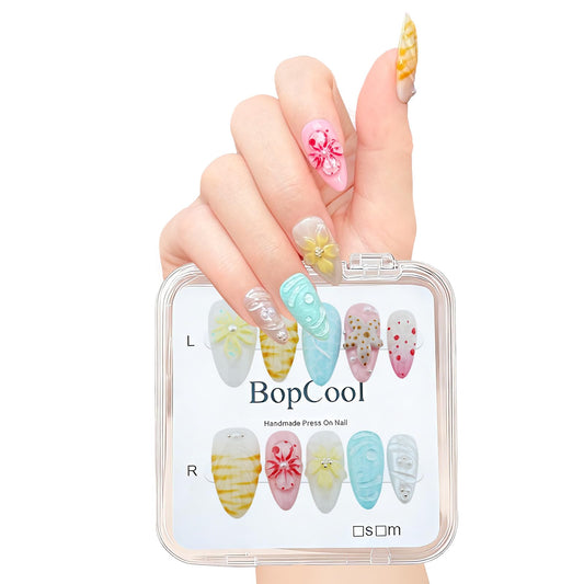 Luxury Handmade Press-On Nails – Medium Almond 3D Flower & Pearl French Tip, Blue Ocean Spring Pattern Reusable Acrylic False Nails (S-10PCS)