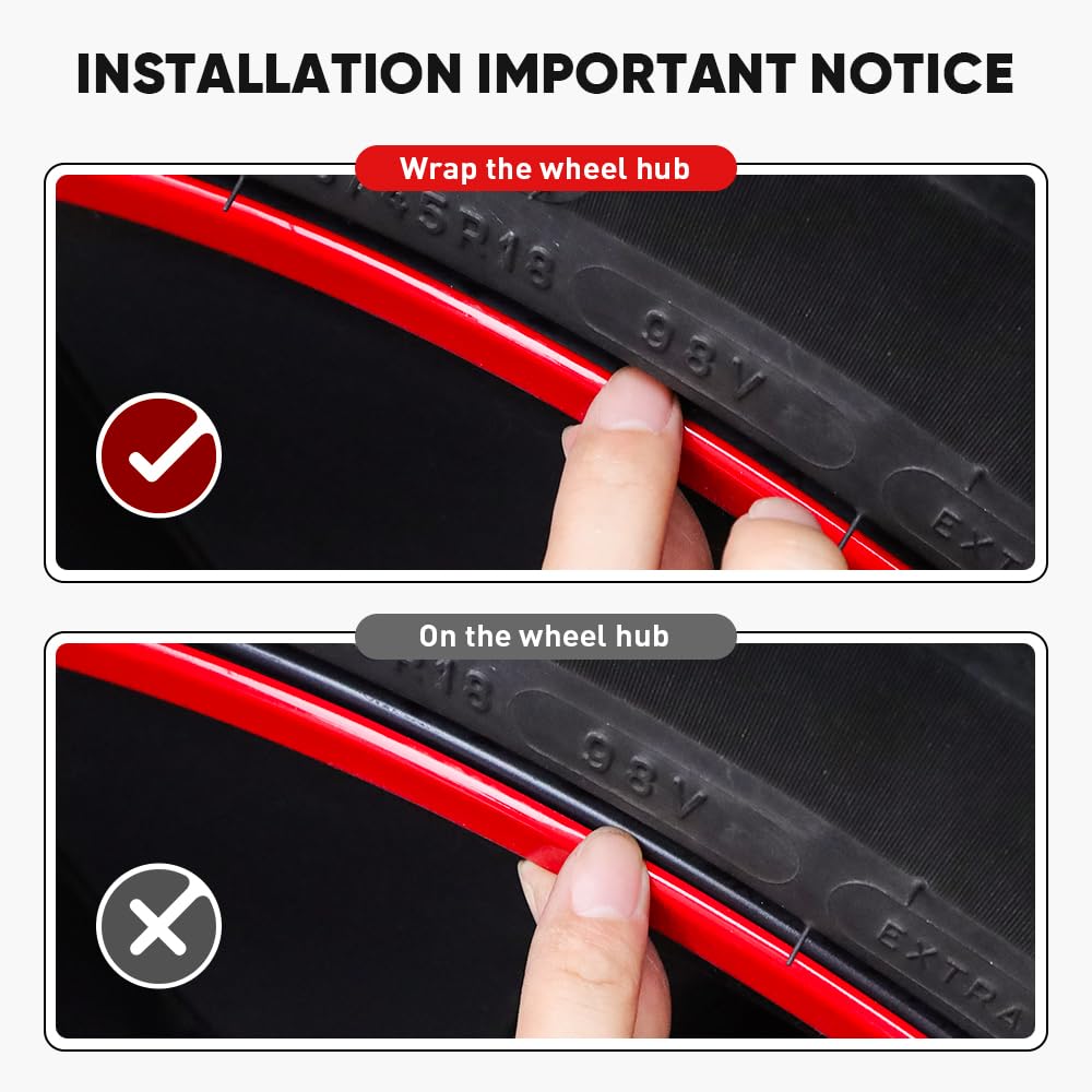 EVOOOR Automotive Alloy Wheel Rim Protector - Covering The Entire Rim of The Wheel hub - Strips for Curb Rash Prevention - Set of 4 Rim Protector Easy to Install(20'',Red)