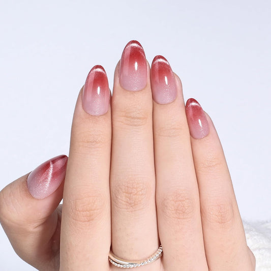 Leefrei Cat Eye Press On Nails Short Almond - Red to Nude Gradient Fake Nails with Shimmer, Reusable Glue On Nails for Women, 16 Sizes 32 Pieces Nail Kit with Glue, Crimson Drift