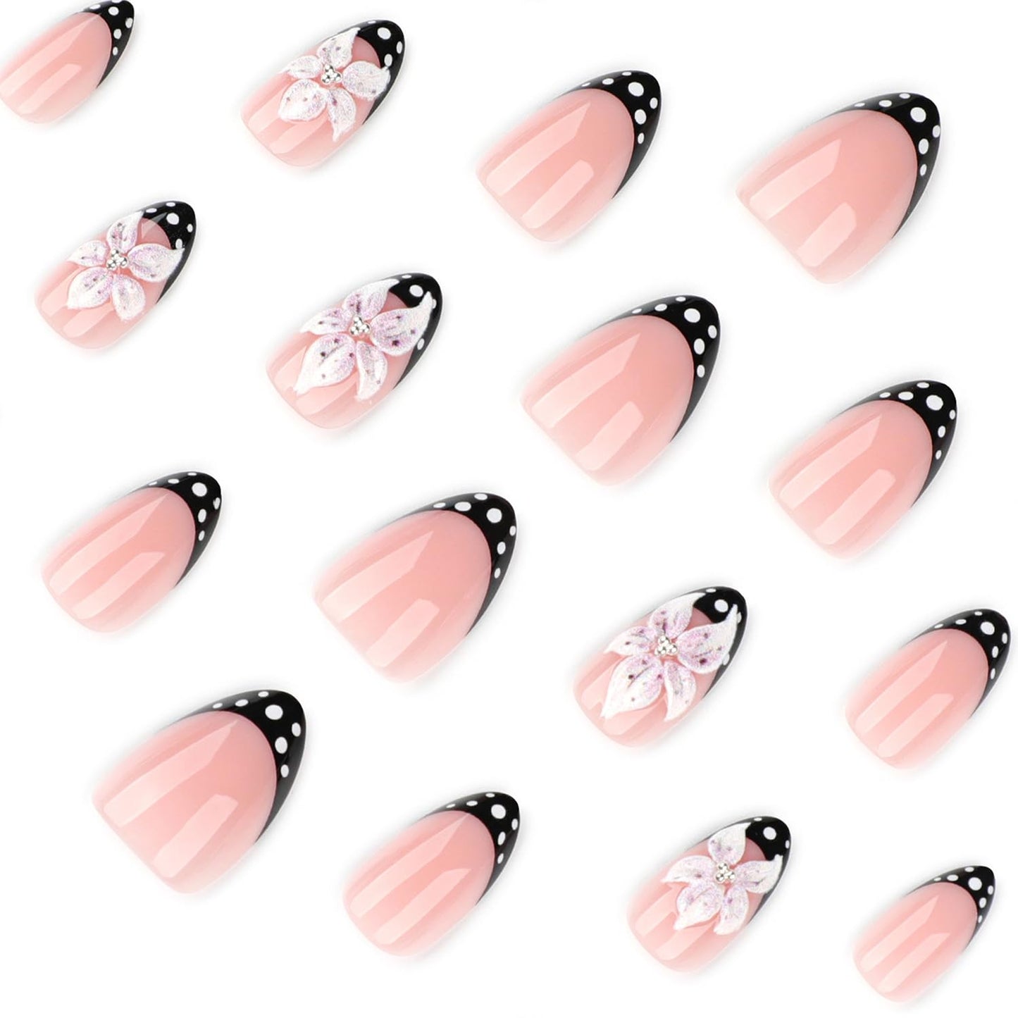 3D Flower Press on Nails Short Almond Nails Press ons with Black French Tip Designs Polka Dot Fake Nails Nude Pink False Nails Reusable Glue On Fake Nails for Women Salon Quality Manicure Set
