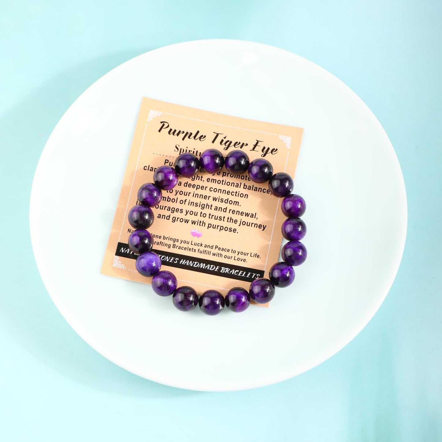 AD Beads 8mm Handmade Purple Tiger Eye Elastic Bracelet – Natural Gemstone for Peace and Tranquility – Meditation, Yoga, Healing and Energy Gift for Men Women