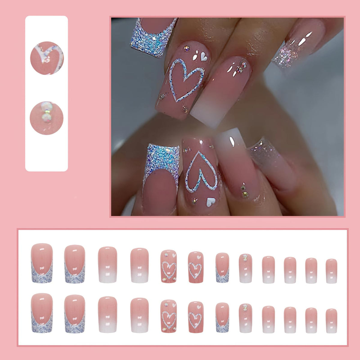 Square Press on Nails Medium Length Fake Nails French Tip Coffin False Glossy Heart Blue Glitter Design Full Cover Glue on Nails Nude Pink with Rhinestones Reusable Stick on Nails for Women 24pcs