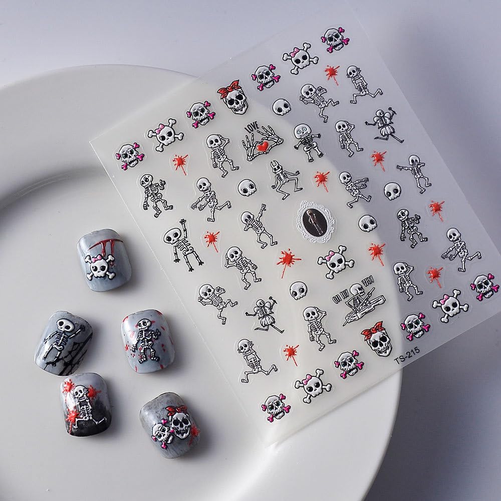 Halloween Nail Art Stickers 5D Embossed Skull Nail Stickers Blood Skeleton Nail Decals Self-Adhesive for Women Girls Manicure DIY Holiday Nail Supplies