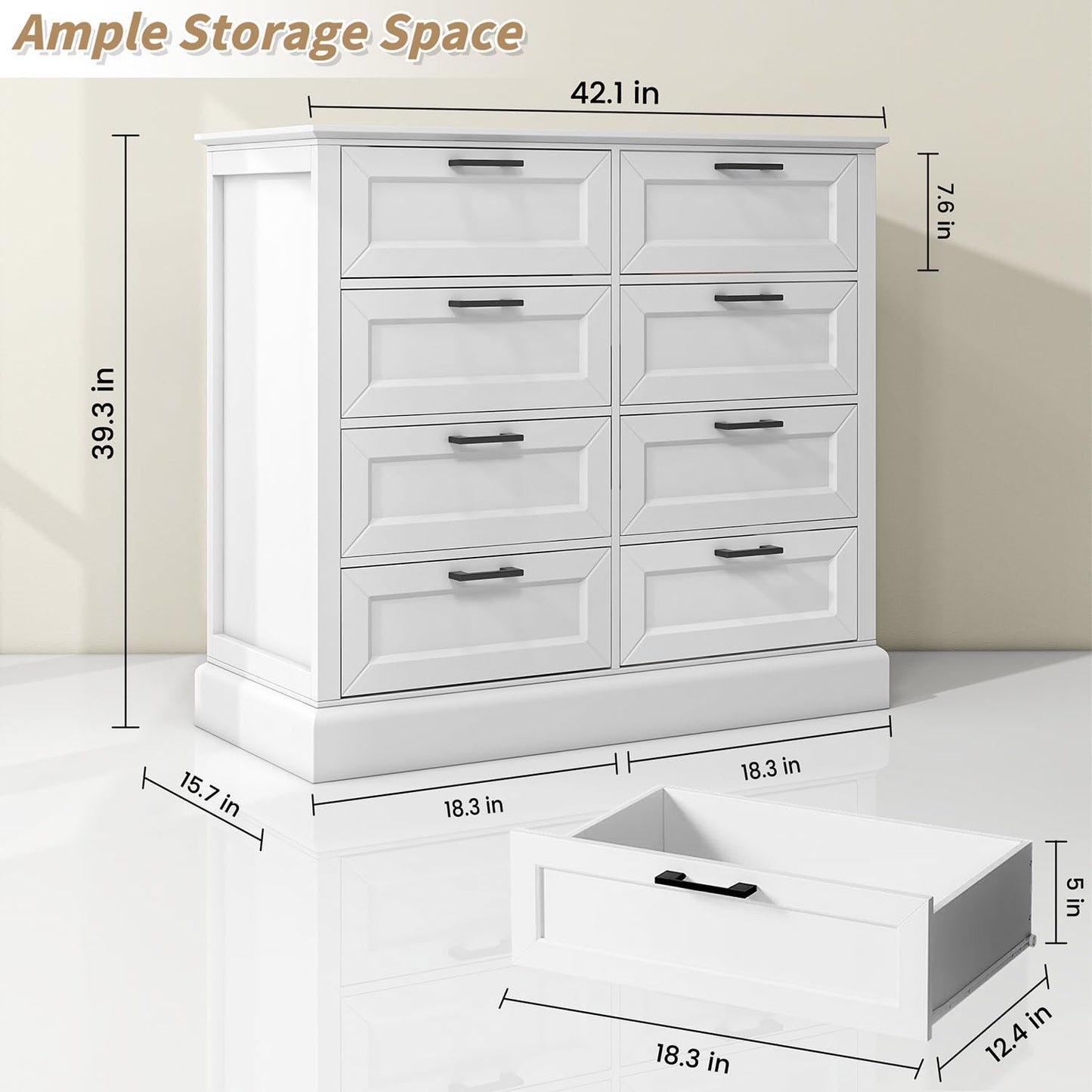 biukpci White Dresser for Bedroom, Chest of Drawers, Large Modern Farmhouse Storage for Closet, 8 Drawers Dresser Storage Drawers, 39.3” Tall Wood Clothing Storage with Black Handles