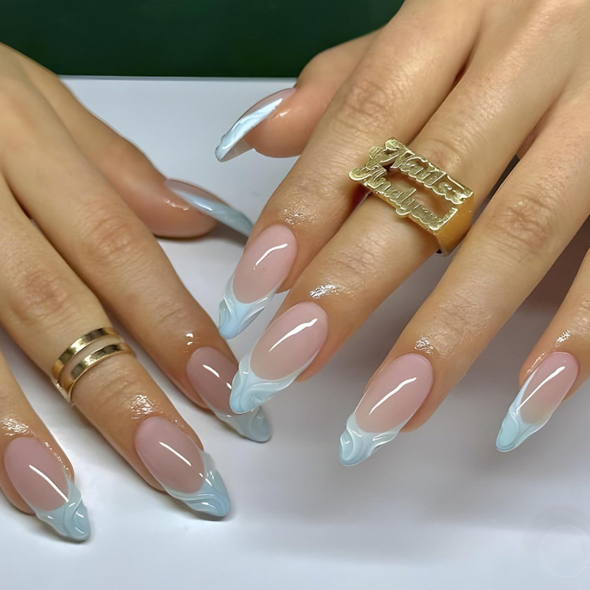 Almond Press On Nails Medium Fake Nails Blue French Tip False Nails With 3D Design Nude Acrylic False Nails Full Cover Artificial Glue On Nail Reusable Stick On Nail For Women Manicure 24pcs