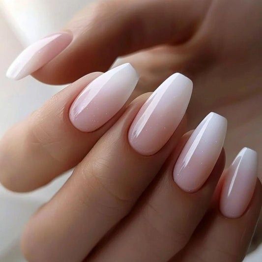 Short Press on Nails Coffin Fake Nails White and Pink Glue on Nails Glossy Nails Press ons Cute Acrylic Nails Spring False Nails with Glitter Designs Daily Wear Simple Stick on Nails for Women 24Pcs