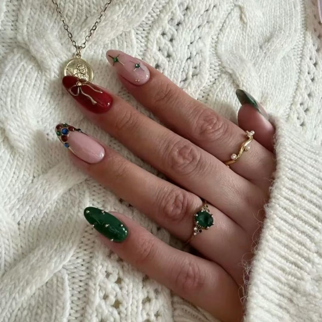 Handmade French tip Press on Nails style Almond with Glue Stick on Nails for Women Manicure Decoration Christmas metal bow 10PCS (MT-143-M)
