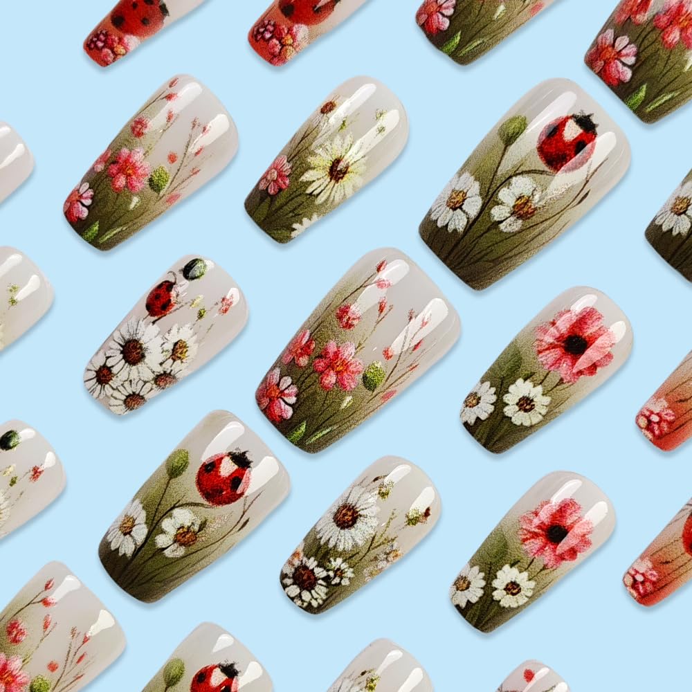 Spring Daisy Oil Painting Press on Nails Medium Ballet Fake Nails Ladybug Flowers False Nails with Nude Daisy Flowers French Design Spring Stick on Nails for Women Girls Manicure Decoration 24 pcs