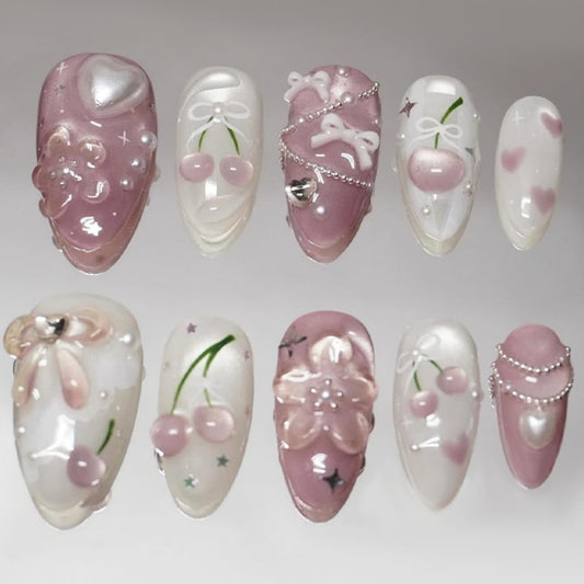 Medium Almond Press on Nails for Women,Cute Cherry & Bow,Fake Nails Artificial Stick on Nails
