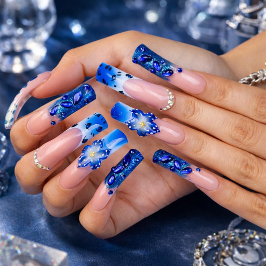 IntoVibes Handmade Curved Press On Nails, 10 Pcs Long Pink Blue Gradient Acrylic False Nails with 3D Flower and Rhinestones (L)