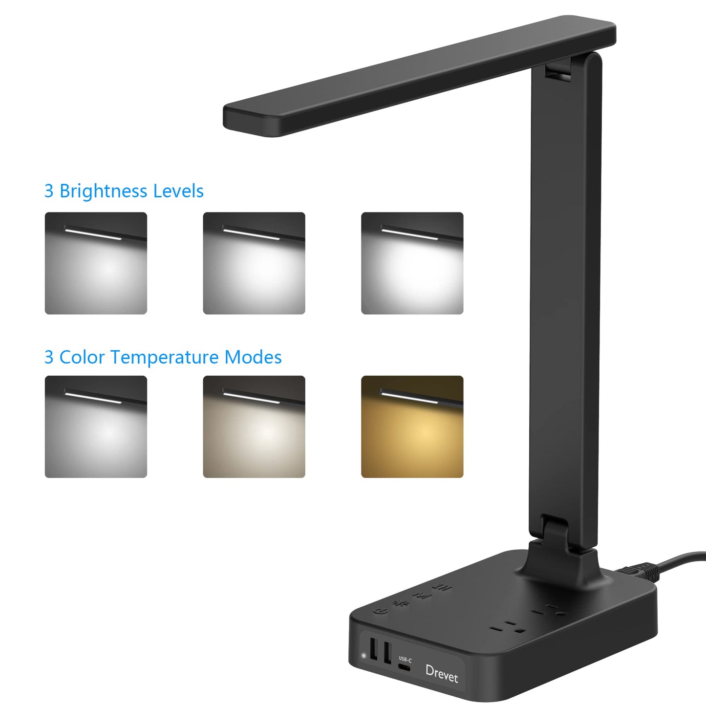 Drevet LED Desk lamp with USB C Charging Port, Table Light with 3 USB Charger and 2 AC Power Outlet, 3 Color Model, 3 Level Brightness, Touch Control, Memory Function, Eye-Caring Office Foldable Lamp