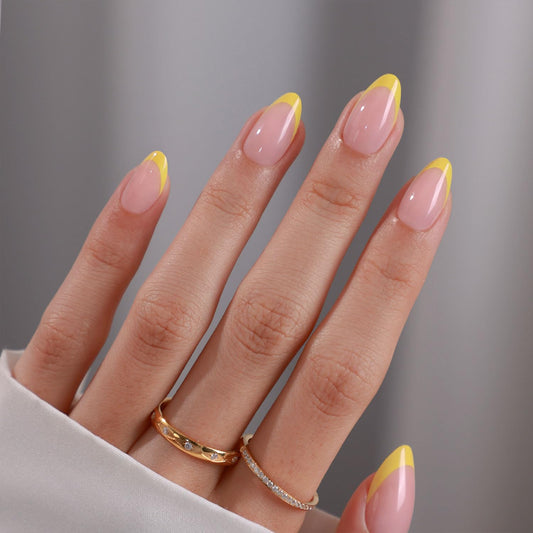 Yellow French Tip Press on Nails Short Almond - GJZEZ Soft Gel Cute Spring Golden Lemon Yellow Glue on Nails Press Ons | 16 Sizes - 32 pcs Long Lasting Salon Quality Reusable Fake Nail, Bright Beam
