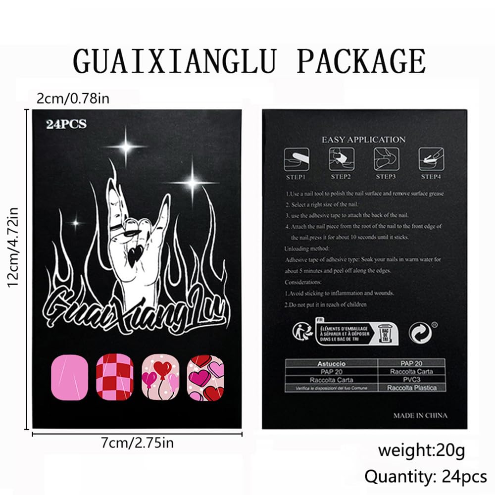 CEWEWP Valentine’s Day Press on Nails Square Short Fake Nails Red Nails Press ons Pink with Heart Grid Designs Balloon Glue on Nail Glossy Acrylic Stick on Nail for Women 24Pcs