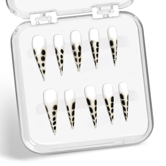 Handmade Press on Nails Extra Long Curved Stiletto Fake Nails Cat Claw Dragon Designs French Tip Acrylic Nail Black White Eagle Claw Fake Nail Full Cover Stick on Nails for Women (M)