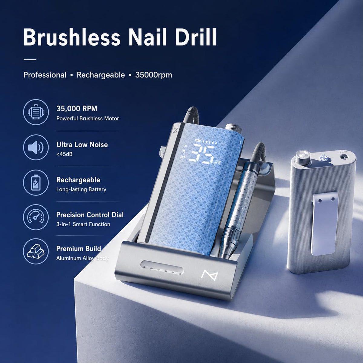 M Pro Spin Nail Drill 60W Brushless Motor 35,000 RPM, Cordless Rechargeable Electric Nail File, Professional E File Machine for Acrylic Gel Nails, Low Noise Portable Salon Use – Blue