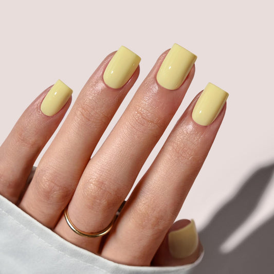 BTArtbox Press On Nails Short - Pastel Yellow Square Press On Nails with Glue for Women, Opaque Soft Gel Glue On Nails in 16 Sizes - 32 Stick On Nails Kit, Lemon Sprint