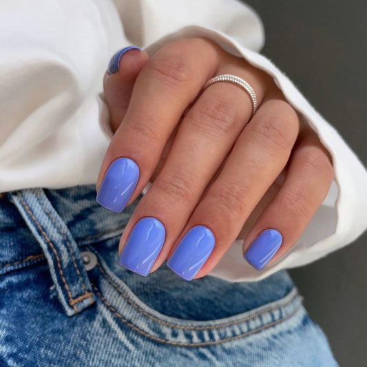 Blue Press On Nails Short Square, KXAMELIE Natural Gel Nails Glue on Acrylic Nails Press ons Featured Protective Coat Thick Reusable Fake Nails Solid Color 24 Short Coffin Artificial Nails