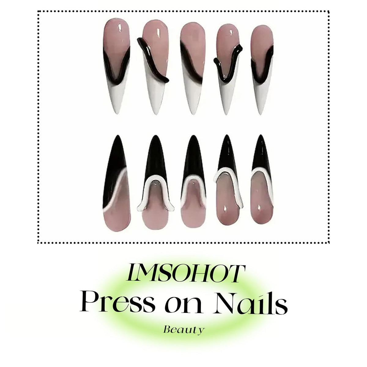 IMSOHOT Press on Nails Long Stiletto Fake Nails Black White French Tips False Nails with 3D Line Designs Glossy Full Cover Artificial Acrylic DIY Glue on Nails