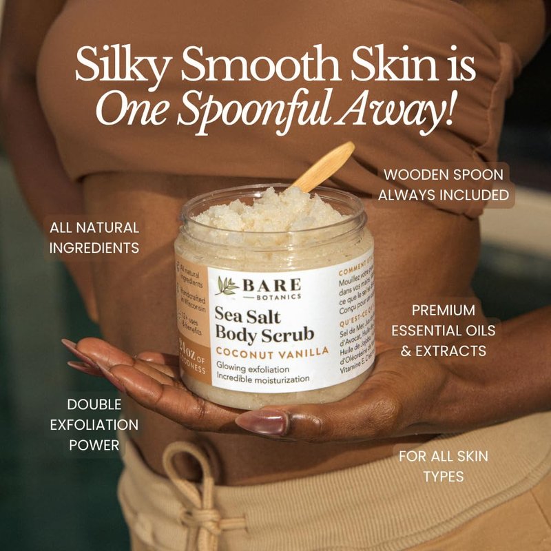 Bare Botanics 24oz Unscented Sea Salt Body Scrub | Non-toxic, Vegan & Cruelty-free | Made in Madison, WI | Full Body Exfoliator & Hydrating Moisturizer with a Cute Wooden Spoon