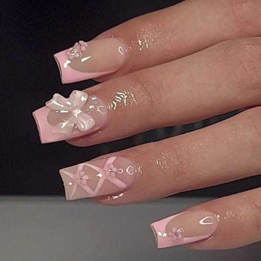 Pink Press on Nails Bow Fake Nails French Tip False Nail Press ons Glossy Full Cover Flower Stick on Nail for Women Manicure 24Pcs
