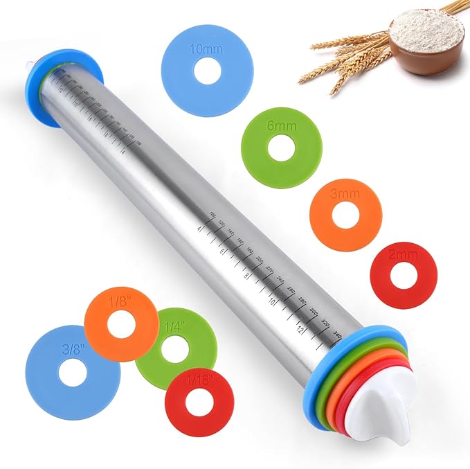 Adjustable Rolling Pin with 4 Thickness Rings for Baking, 17â Stainless Steel Dough Roller with Clear Measurement Markings for Pizza, Fondant, Pie, Cookies, Baking Supplies, Pastry, Pasta