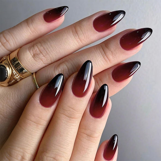 Ombre Press on Nails Medium Almond Fake Nails, Black Red Gradient Glossy False Nails, Reusable Stick on Nails for Women Manicure 12 Sizes - 24 Pcs