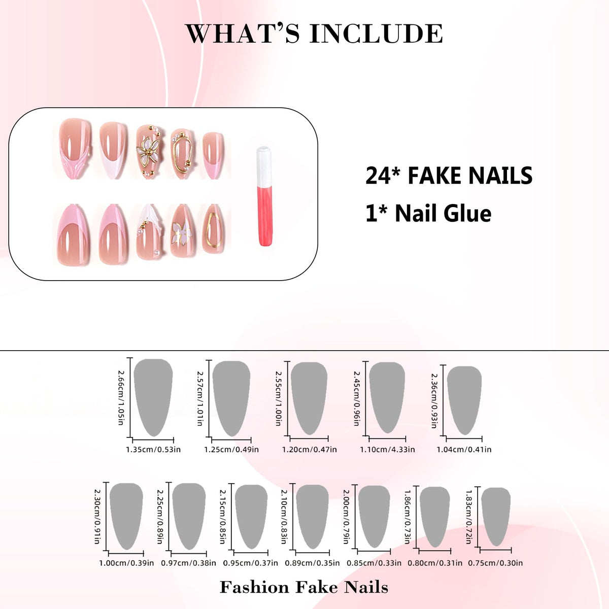 IMRAIN Pink Press on Nails Almond Medium Fake Nails with 3D Golden Flower Designs Glossy Gel Acrylic False Nails 24Pcs Glue on Nails for Women