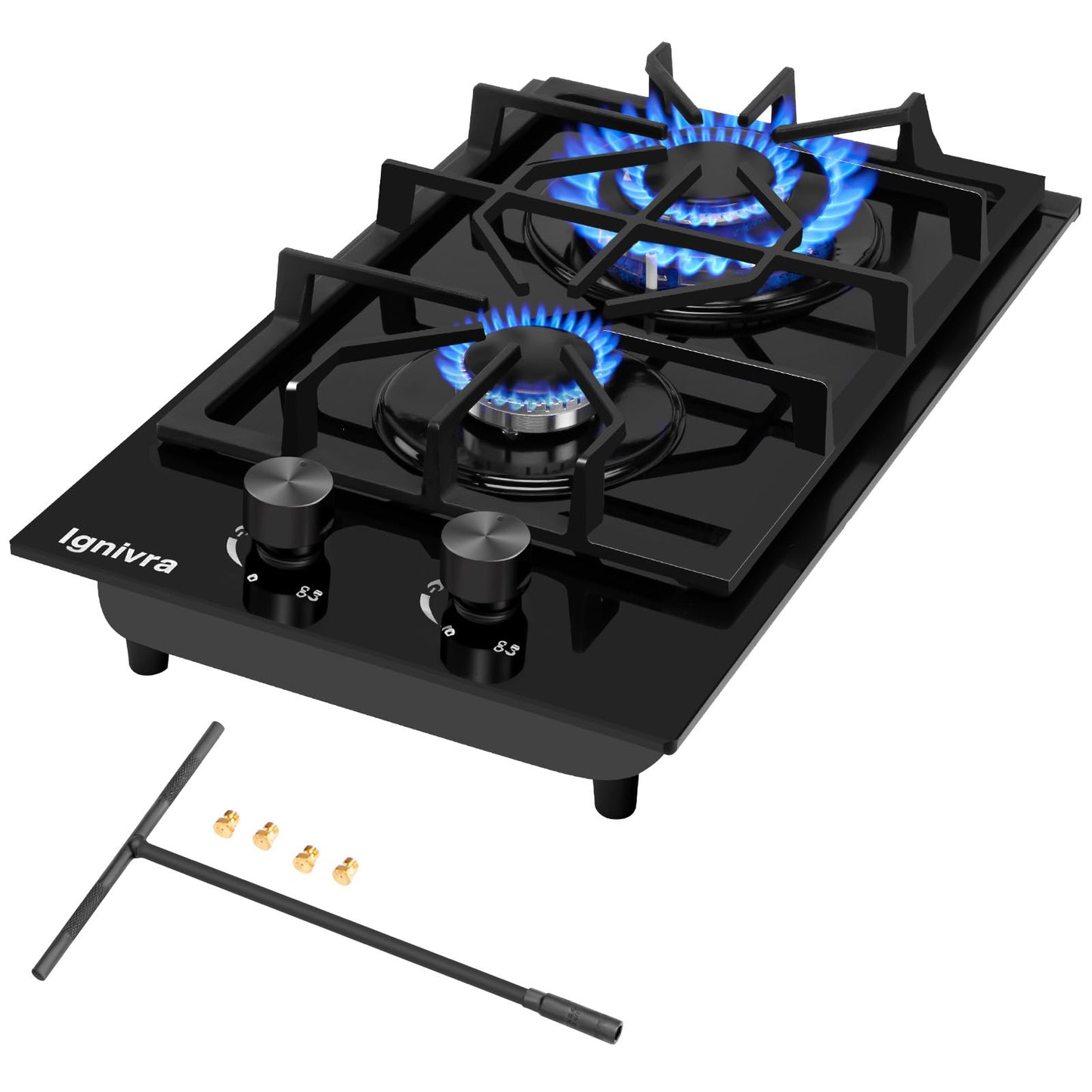 Ignivra Gas Cooktop 4 Burners, 12000W Built-in Gas Stove, Black Crystal Tempered Glass Propane Cooktop, 24x20" Top Propane Stove Indoor LPG/NG Dual Fuel Hob for Apartment Kitchen RV