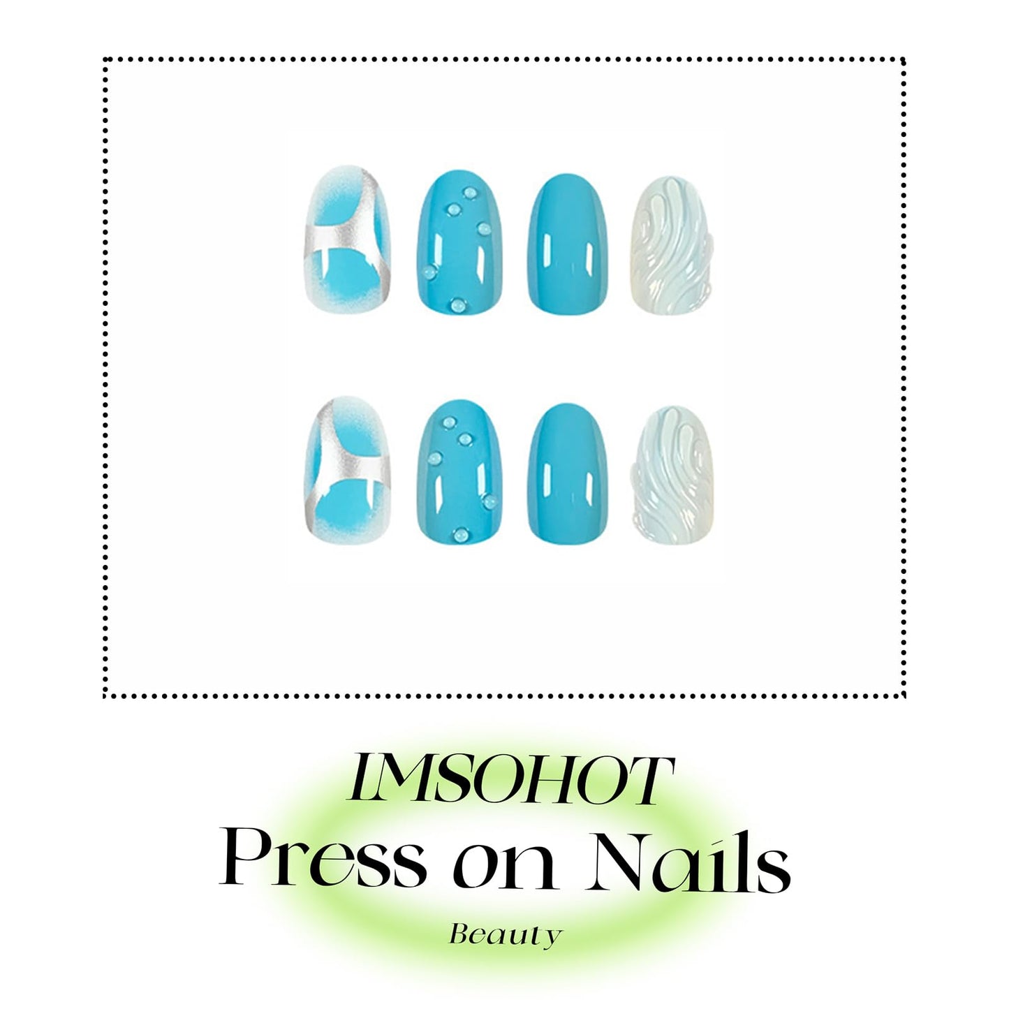IMSOHOT Press on Nails Short Oval Fake Nails Blue Round False Nails Glossy Acrylic Nail Supplies Full Cover Glue Stick on Nails for Women Girls Manicure Decoration Summer Cute DIY Nail Art