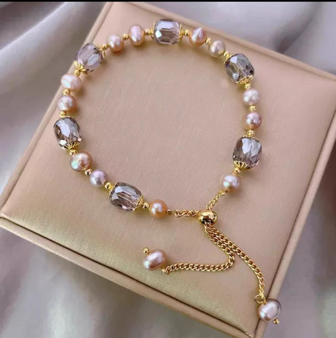 Pearl Bracelets for Women,Freshwater Pearls Crystal Bracelet Boho Bracelets Bead Bracelet Gifts (Gold)