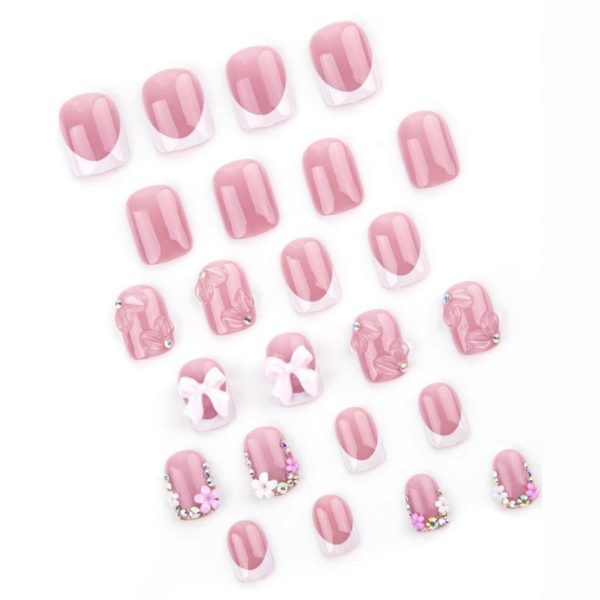 Handmade Press on Nails Short Square Cute French Tip Fake Nails 3D False Nails with Designs Flower Bow Charms Pink & White Glossy Glue on Nails Stick on Nails Acrylic Nails for Women Girls 24 Pcs