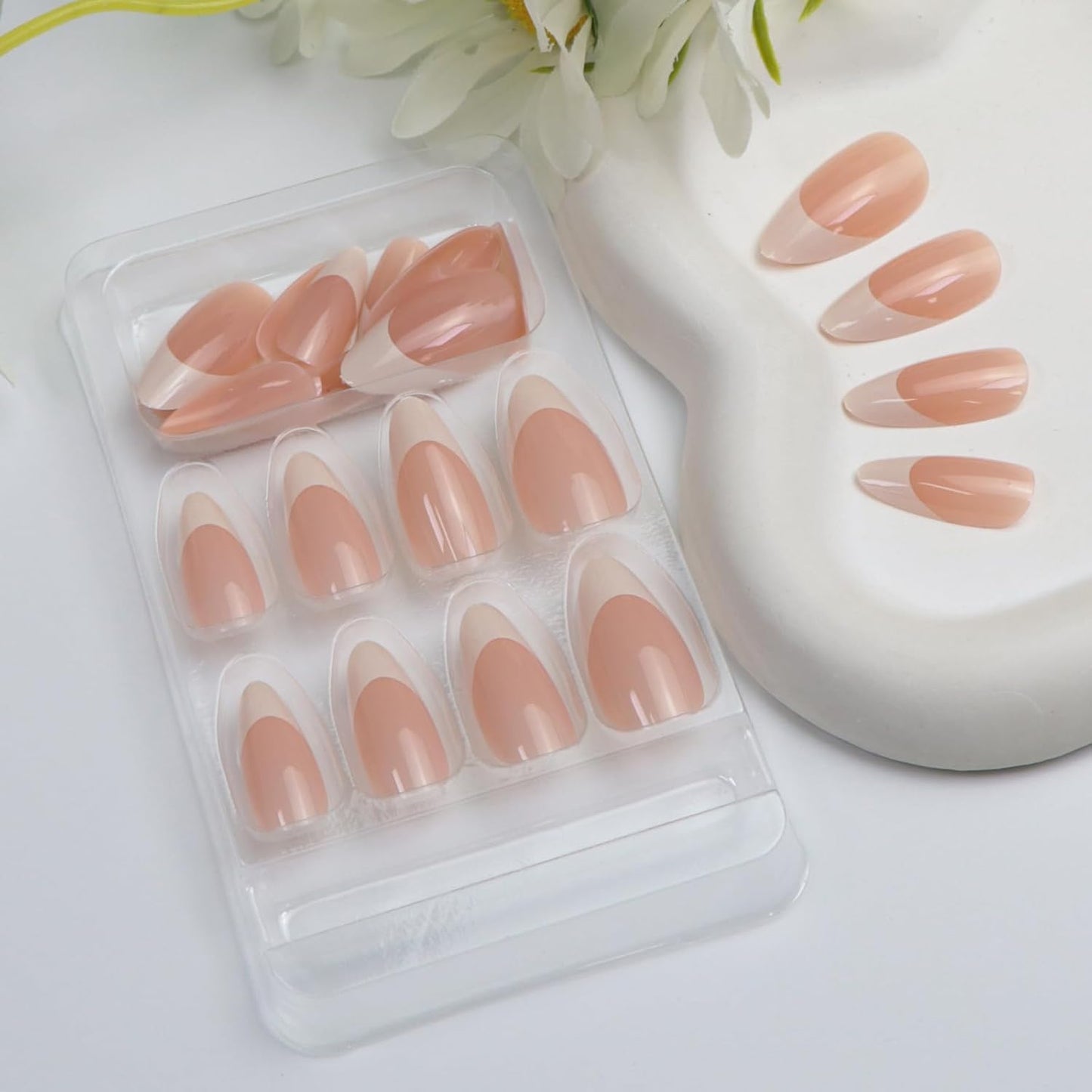 White French Tip Press on Nails Almond Medium Fake Nails Press ons with Designs Glossy Full Cover Glue on Nail Acrylic Stick on Nails for Women 24 Pcs