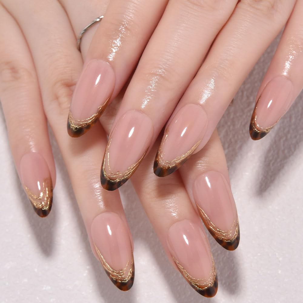 evpct Nude Glitter Press on Nails Short Almond with 3D Gold Line, Sexy French Tip Stick on Nail for Women, Reusable Full Cover Soft Gel Press on Fake Nail with Gold Line Design Perfectly Fit