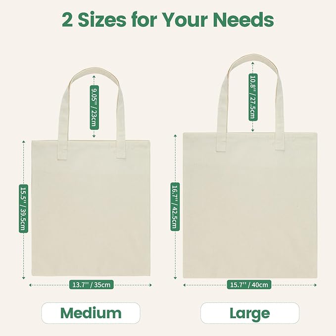 Carbrea 12 Pack Canvas Tote Bag - Lightweight Thin Tote Bags Bulk Blank Shopping Reusable Grocery Bags for DIY Gift Sublimation Activity - Beige