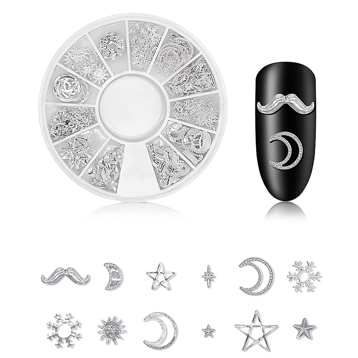 DANNEASY 3D Nail Charms Nail Jewels Silver Nail Art Charms Charms for Nails Metal Nail Studs Nail Jewelry for Acrylic Nails DIY Craft Nail Decoration (6 Boxes)