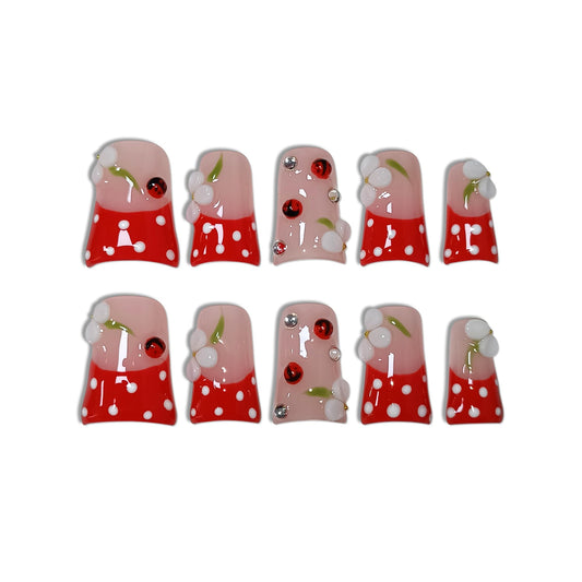 Duckbill Press on Nails - Red French with White Polka Dots & Glass Beads | Glossy Handmade False Nails | Kawaii Cherry Style for Spring(S)