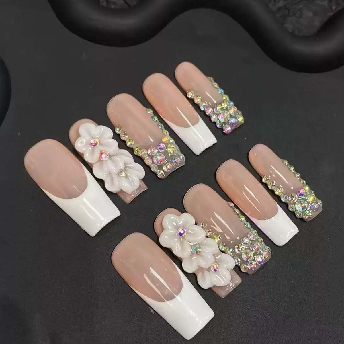 10Pcs Press On Nails Handmade Nails Long Square Fake Nails 3D Flower With Rhinestone Design French Tip False Nails Full Cover Acrylic Reusable Stick On Nail For Women(SIZE:S)