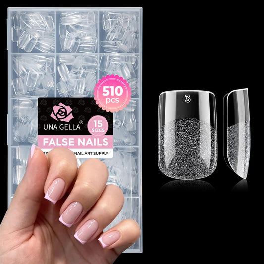 UNA GELLA Short Square Gel Nail Tips, 510Pcs Short Square Press on Nails 15 Sizes Half Matte Fake Acrylic Full Cover Nail Tips Clear No C Curve False Nails for Nail Extensions DIY Home Salon for Women