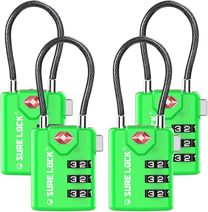 SURE LOCK TSA Approved Combination Luggage Locks with Open Alert Indicator â Durable Zinc Alloy Cable Travel Locks with Large Easy-Read Dials for Suitcases, Backpacks & Gym Bagsï¼Green 4 Packï¼