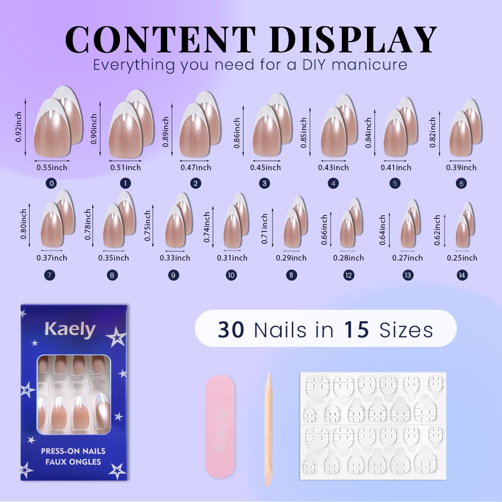 evpct Nude Cat Eye French Tip Press on Nails Almond Medium No Glue, White French Tip Medium Almond Holographic Stick on Nails for Women, Reusable Full Cover Soft Press on Nail Perfectly with Design
