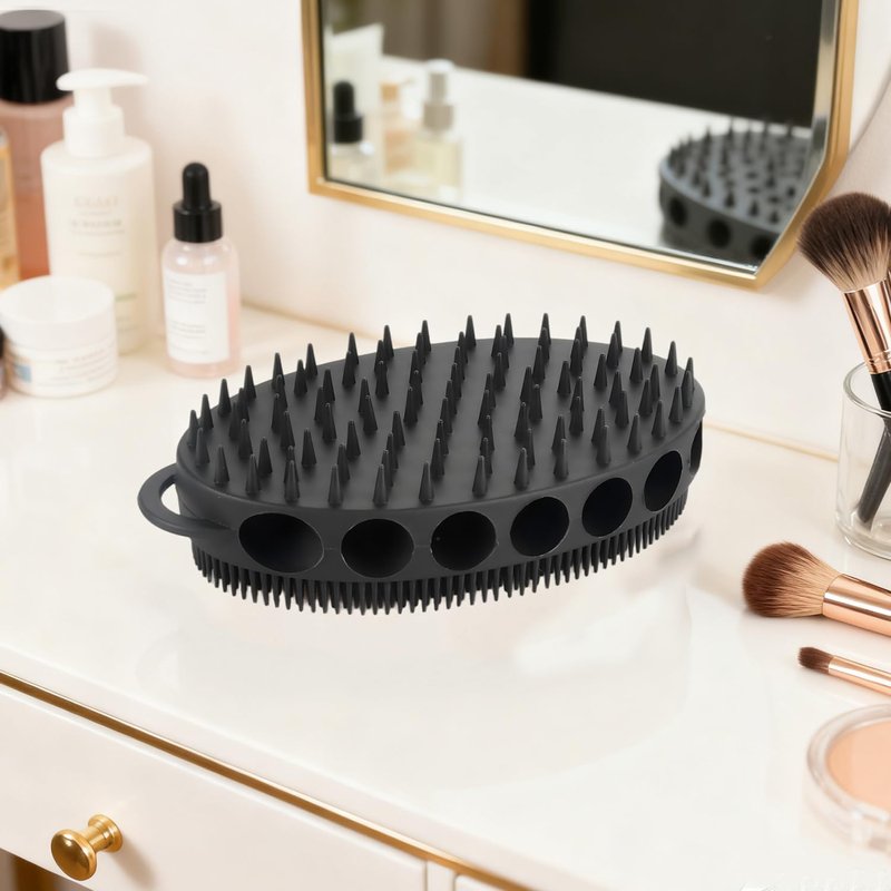 Silicone Body Scrubber with Double-Sided Bristles, Deep Cleaning Massage Brush, Black, Flexible Design with Hanger Loop for Exfoliating and Scalp Care (Pink)