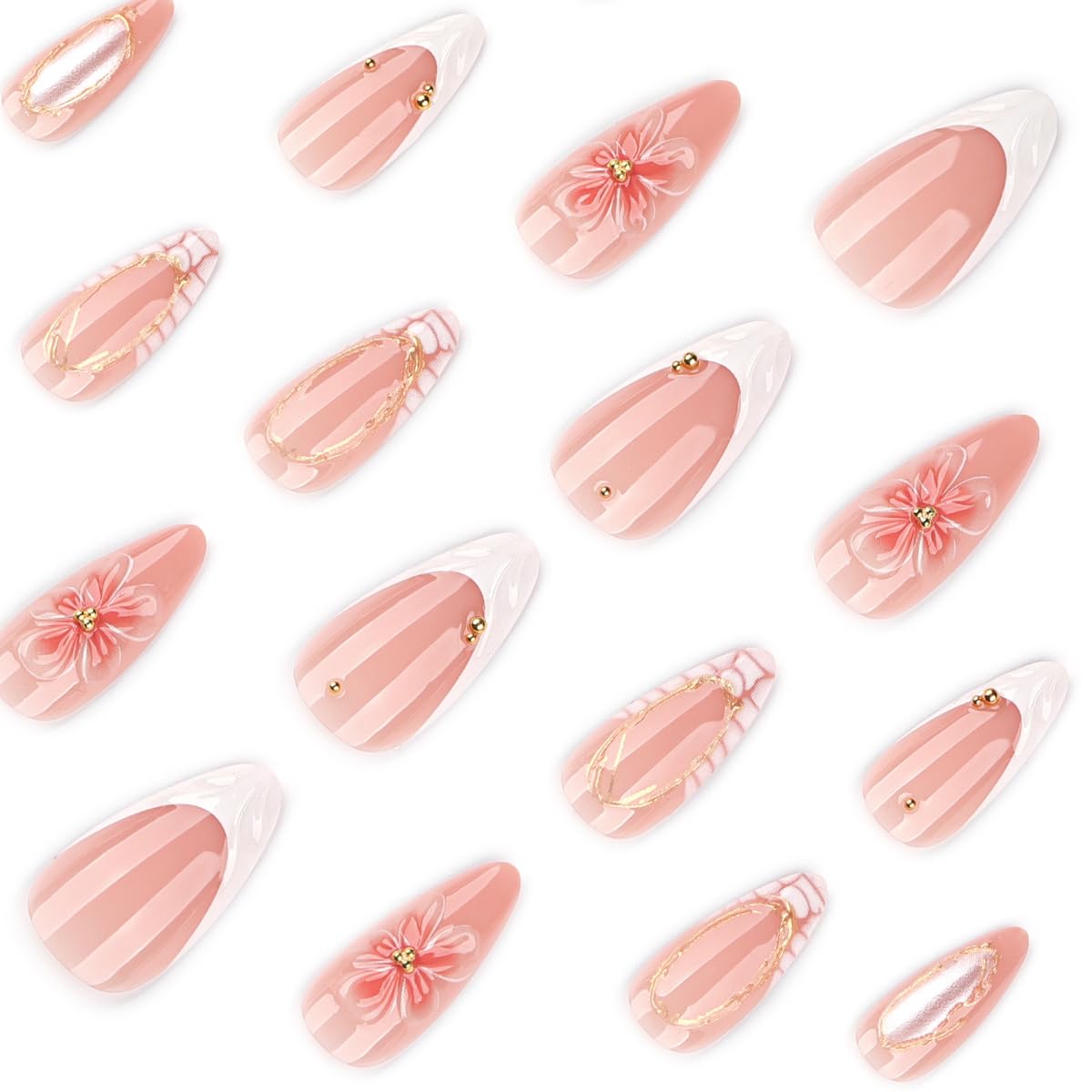 Summer Press on Nails Almond Fake Nails Gold Medium Nails Press ons with 3D Flower & Shell Texture Design Artificial Acrylic Nails Reusable Full Cover Glue on Nails for Women Manicure 24Pcs